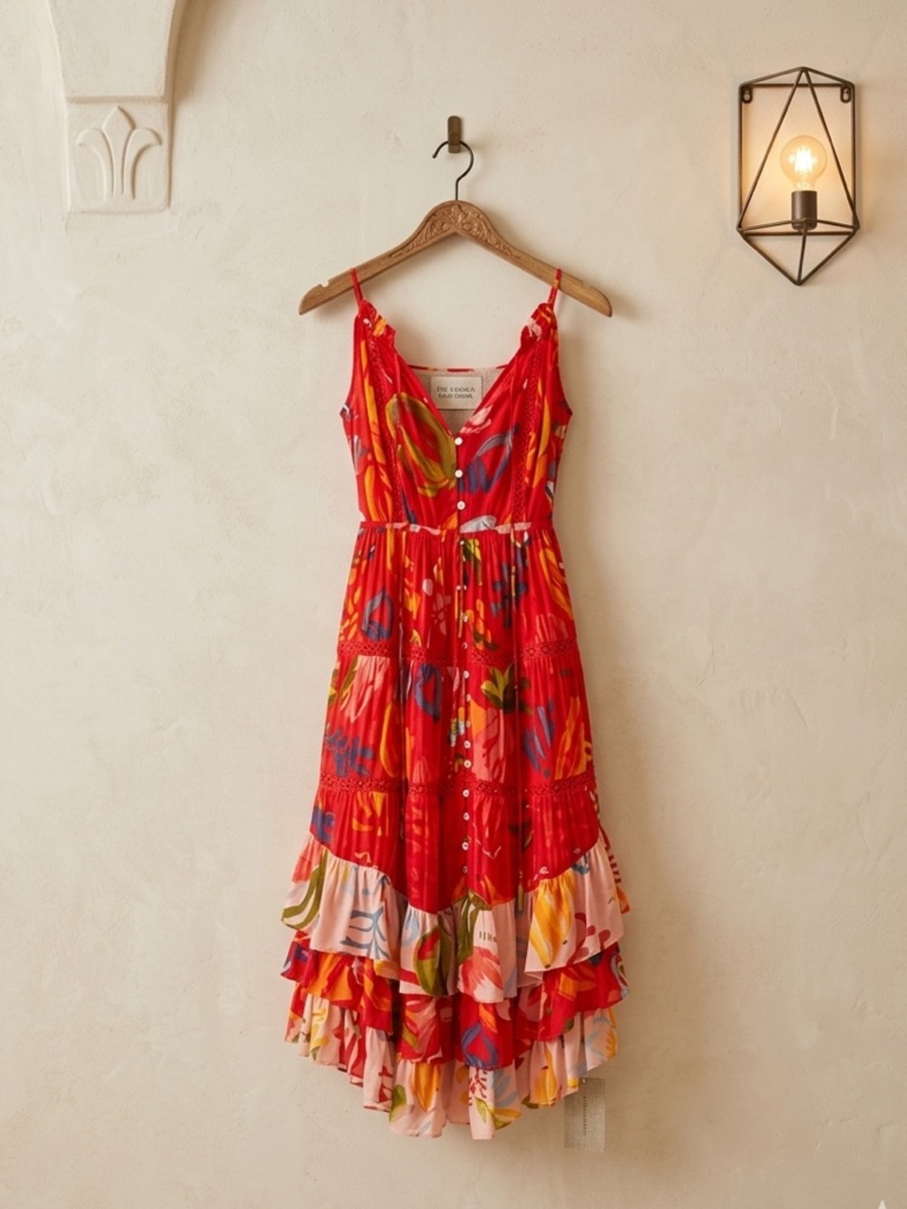 Farm Rio Mixed Fruits Ocean Midi Dress Small Tiered Ruffle NWT